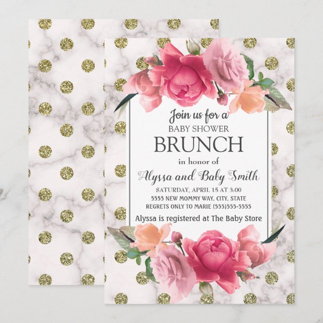 Invitación Brunch Baby Shower con flores rosadas de mármol de (Anverso / Reverso)