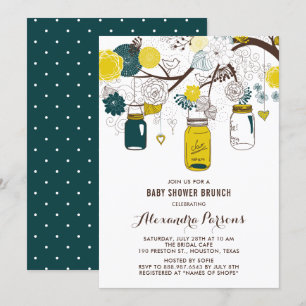 Invitación Brunch Baby Shower floral amarillo y Verde azulado