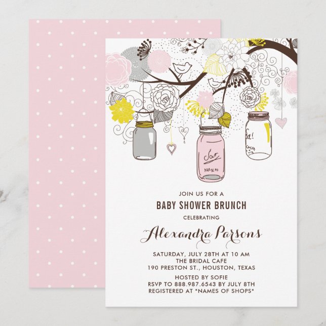 Invitación Brunch Baby Shower floral rosa y gris mason jars (Anverso / Reverso)