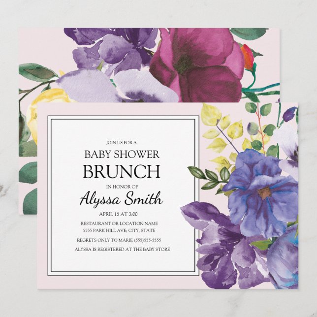 Invitación Brunch Baby Shower morado amarillo rosado con flor (Anverso / Reverso)