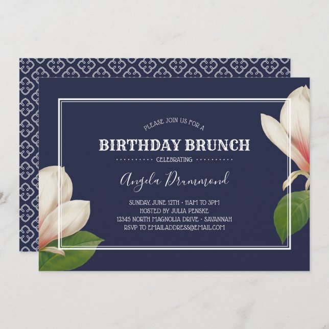 Invitación Brunch Blue de cumpleaños de Magnolia del Sur (Anverso / Reverso)