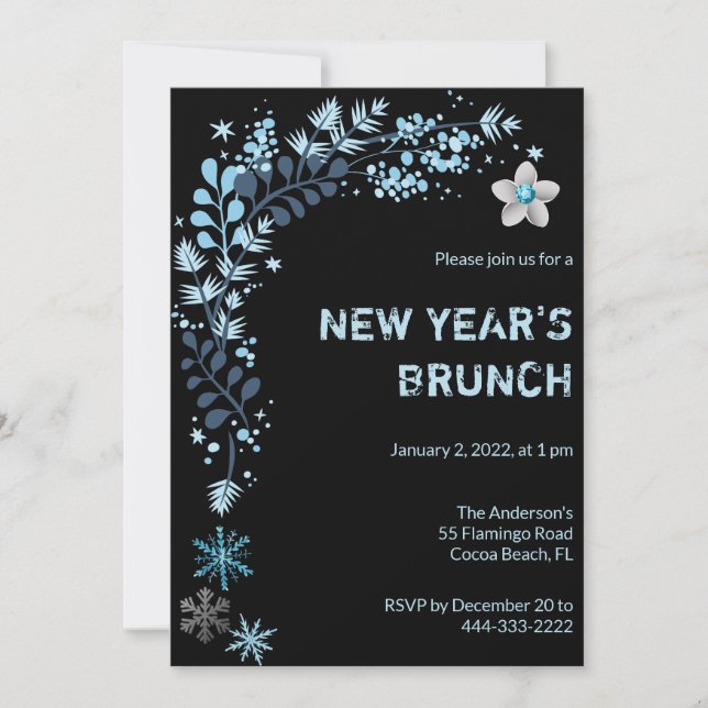 Invitación Brunch Blue Winter Floral New Years (Anverso)