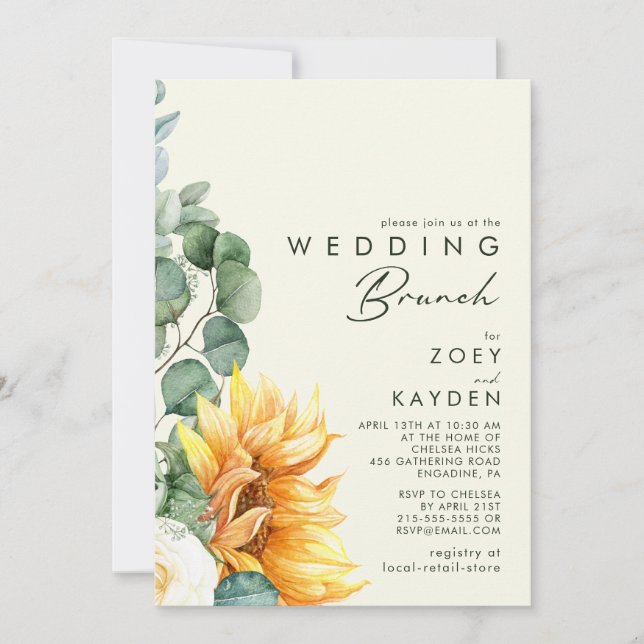 Invitación Brunch Boda amarillo claro del girasol del país en (Anverso)