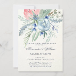 Invitación Brunch Boda de color azul y rosa de peonía