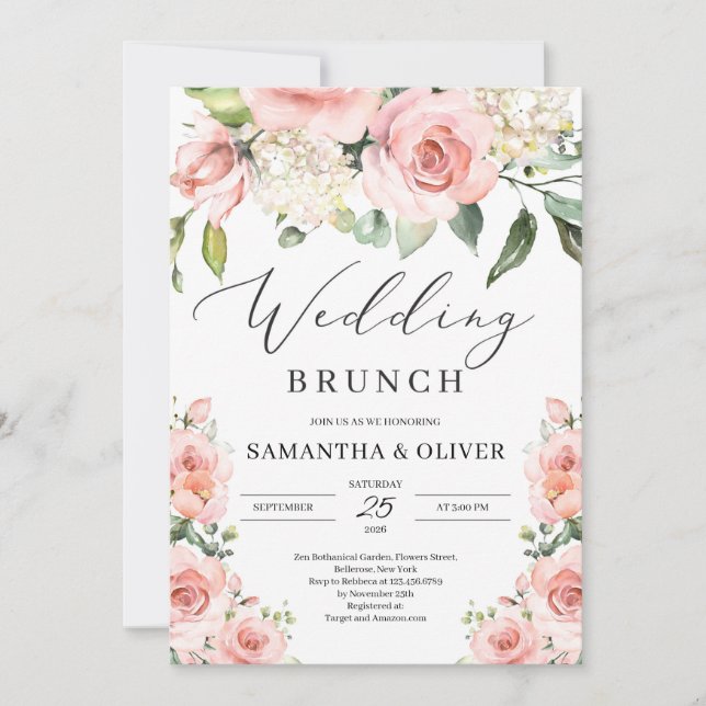 Invitación Brunch boda floral de melocotón rosa y bohemio (Anverso)