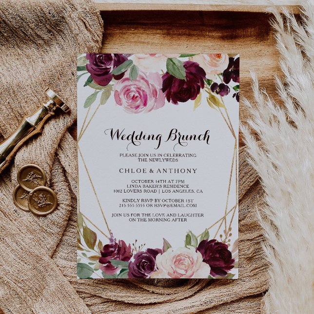 Invitación Brunch Boda floral Gold Geométrico Burgundy (Subido por el creador)