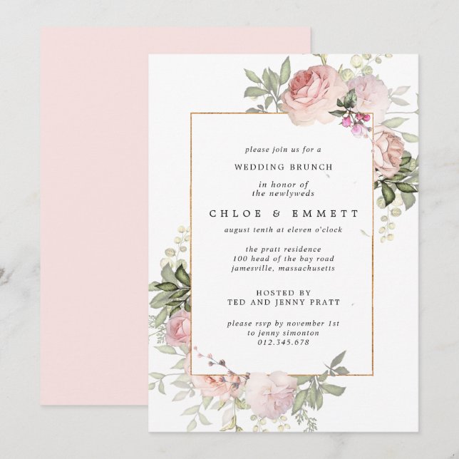 Invitación Brunch Boda floral rosa de Rubor (Anverso / Reverso)