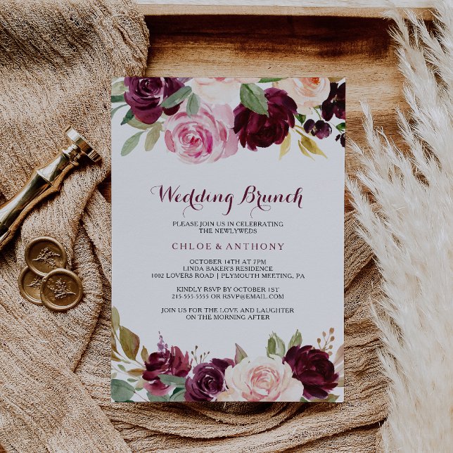 Invitación Brunch Boda floral verde de Rubor borgoña (Subido por el creador)