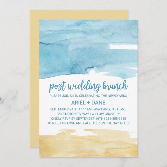 Invitación Brunch Boda Watercolor Sand and Sea Post (Anverso / Reverso)