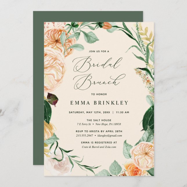 Invitación Brunch Boho Boho Floral Neutral Peach Bridal (Anverso / Reverso)