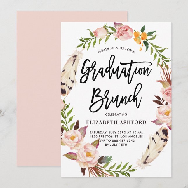 Invitación Brunch Boho Feathers & Floral Wreath Graduation Br (Anverso / Reverso)