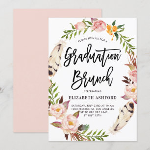 Invitación Brunch Boho Feathers & Floral Wreath Graduation Br