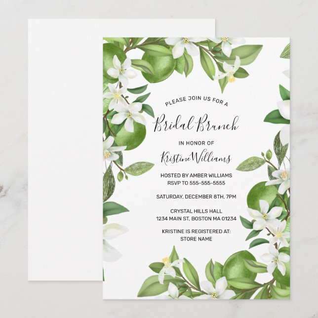 Invitación Brunch Boho Limes Watercolor Floral Blanco Bridal  (Anverso / Reverso)
