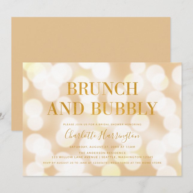 Invitación Brunch bokeh de champán y ducha de novias con burb (Anverso / Reverso)