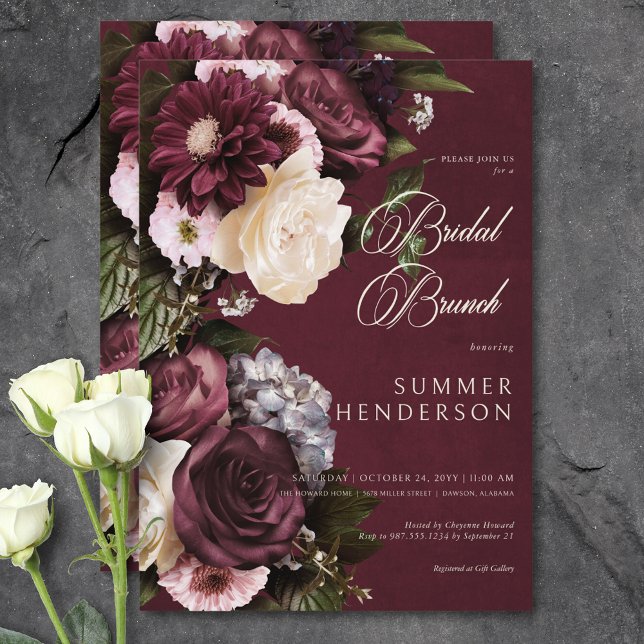 Invitación Brunch Borgoña elegante oscuro y brunch floral cre (Dark Elegant Burgundy & Cream Floral Bridal Brunch Invitation)