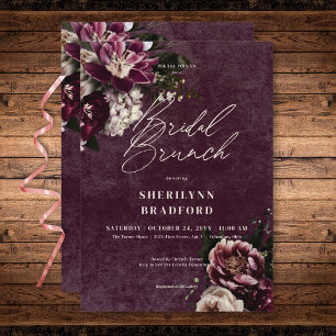 Invitación Brunch Borgoña y Bridal Floral Oscuro Elegante
