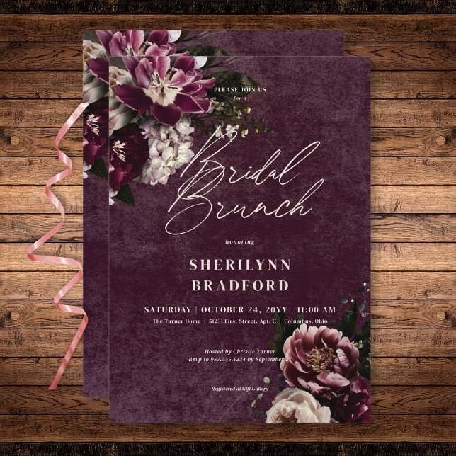 Invitación Brunch Borgoña y Bridal Floral Oscuro Elegante (Dark Elegant Burgundy & White Floral Bridal Brunch Invitation)