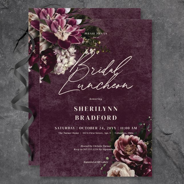 Invitación Brunch Borgoña y Bridal Floral Oscuro Elegante (Dark Elegant Burgundy & White Floral Bridal Brunch Invitation)