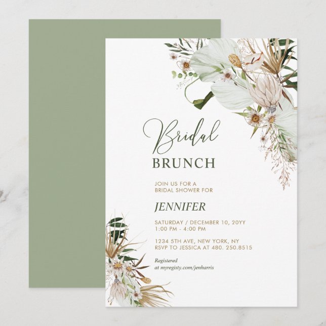 Invitación Brunch Botánico Bridal Boho Verde y Oro (Anverso / Reverso)