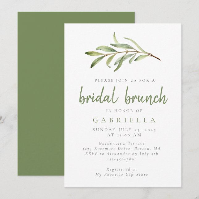 Invitación Brunch Botánico Bridal de Sage Green Moderno (Anverso / Reverso)