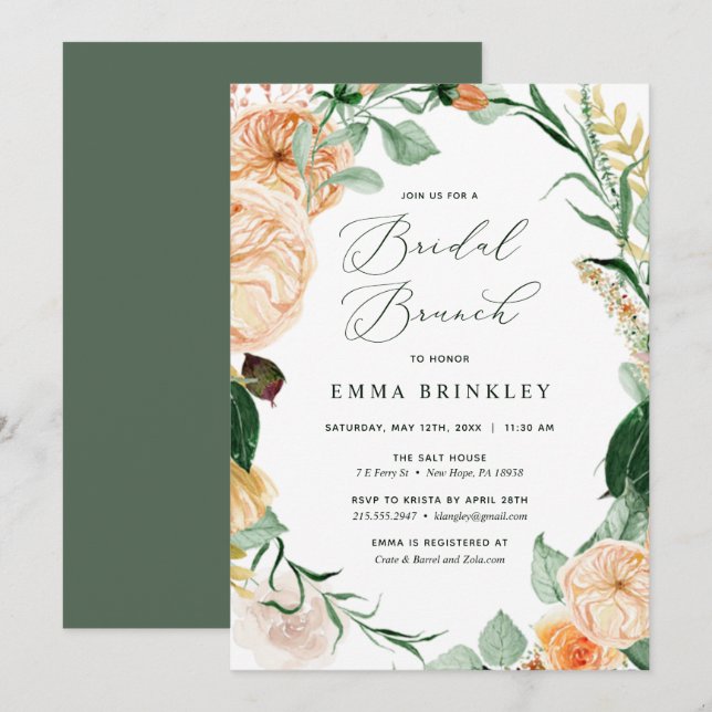 Invitación Brunch Botánico De Boho Floral Neutral Blooms Brid (Anverso / Reverso)