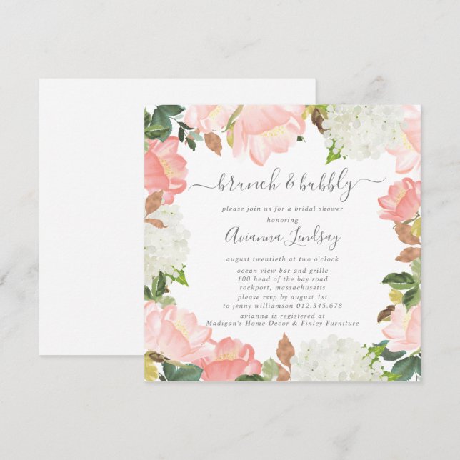 Invitación Brunch botánico de Floral blanca rosa y burbujeant (Anverso / Reverso)