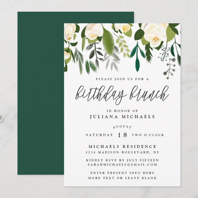 Invitación Brunch Botánico de Marfil y Verde de Cumpleaños (Anverso / Reverso)
