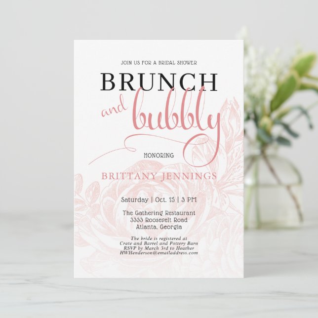 Invitación Brunch botánico rosado y ducha de novia burbujeant (Anverso de pie)
