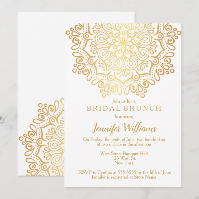 Invitación Brunch Bridal Blanco de Lujo Faux Gold Mandala (Anverso / Reverso)