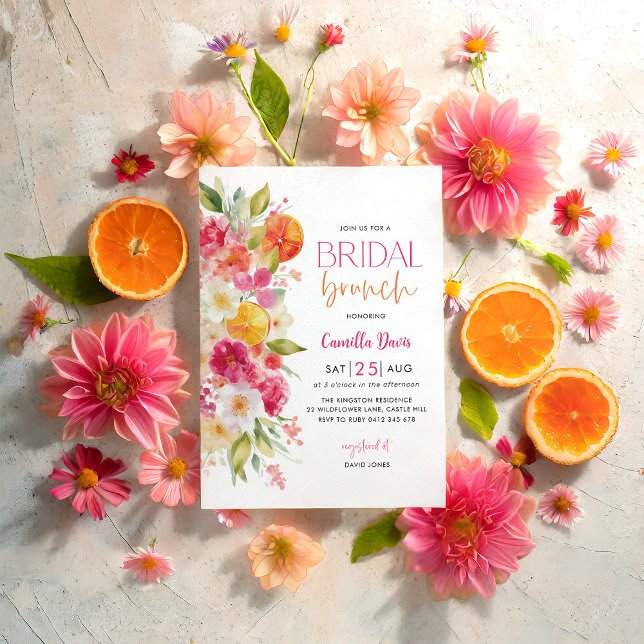 Invitación Brunch Bridal Citrus, Mediterráneo floral brillant (Bright Floral Citrus Orange Bridal Shower Invitation Mediterranean Bridal Brunch)