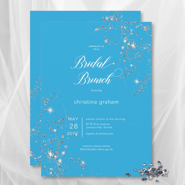 Invitación Brunch Bridal de diamantes de Glam Azul y Blanco M (Modern Blue & White Glam Diamonds Bridal Brunch Invitation)