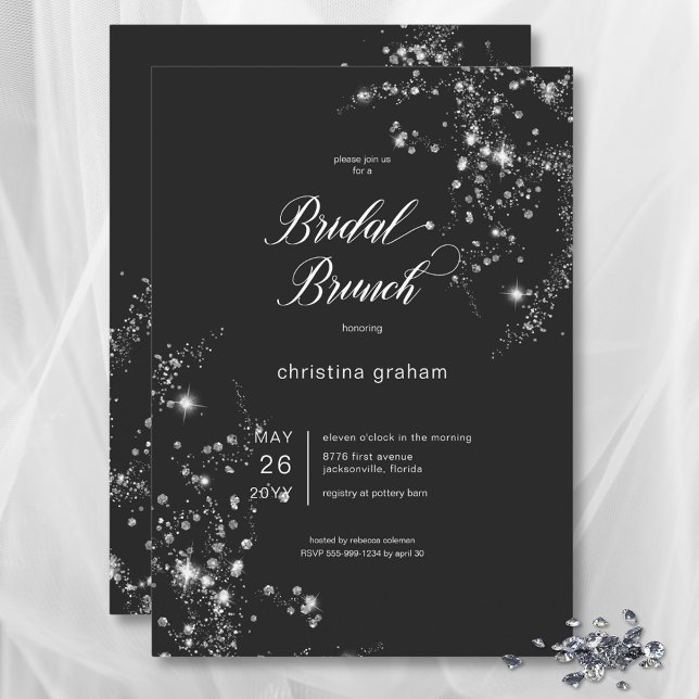 Invitación Brunch Bridal de diamantes de Glam Blanco y Negro  (Modern Black & White Glam Diamonds Bridal Brunch Invitation)