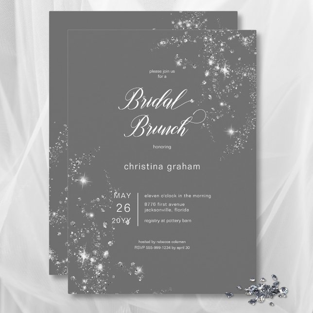 Invitación Brunch Bridal de diamantes de Glam Gris y Blanco M (Modern Gray & White Glam Diamonds Bridal Brunch Invitation)