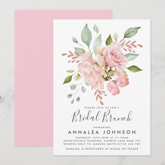Invitación Brunch Bridal de Rosas Rosa Rosa Lávaga (Anverso / Reverso)