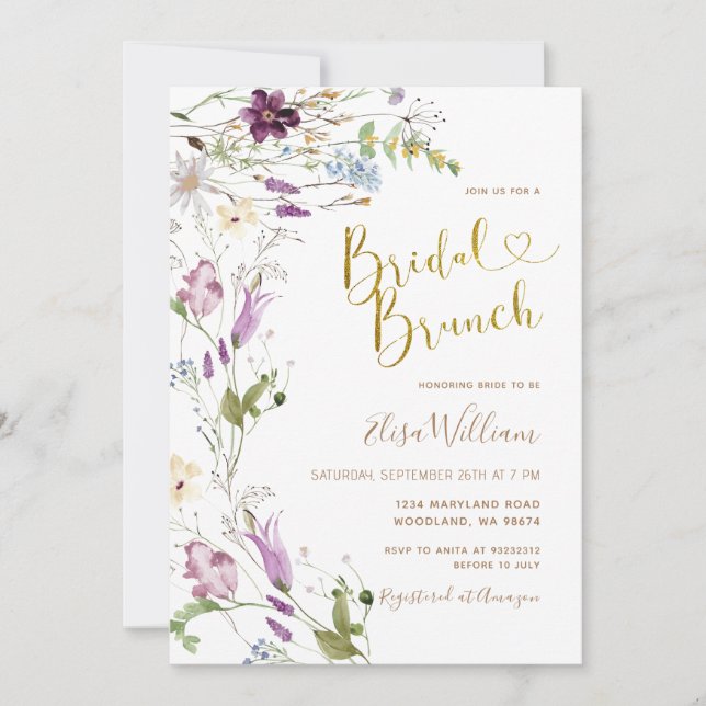 Invitación Brunch Bridal Elegante de Flor Silvestre (Anverso)
