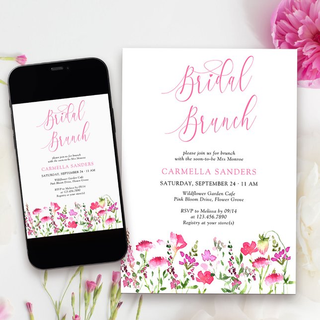 Invitación Brunch Bridal Elegante Femenino Rosa (Bridal Brunch Invitation from my Pink Wildflower Collection. Message me for co-ordinating items.
)