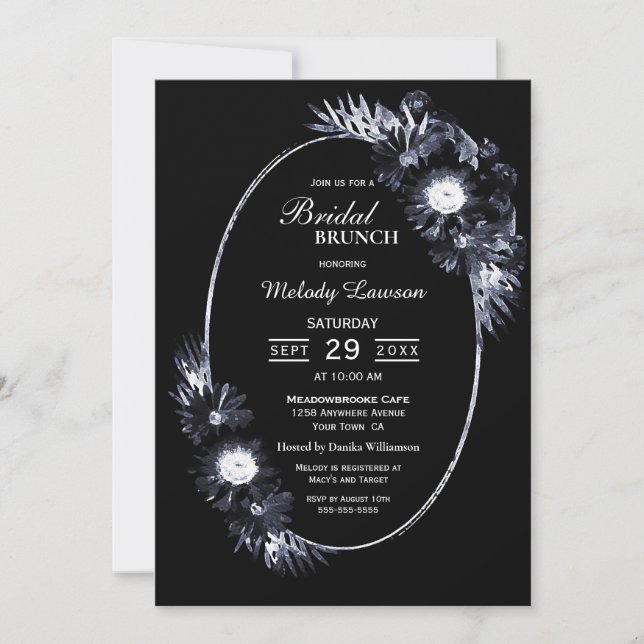 Invitación Brunch Bridal Elegante Moody Floral Negra (Anverso)