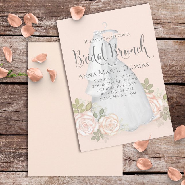 Invitación Brunch Bridal Elegante Vestido De Boda Rubor Flora (Subido por el creador)
