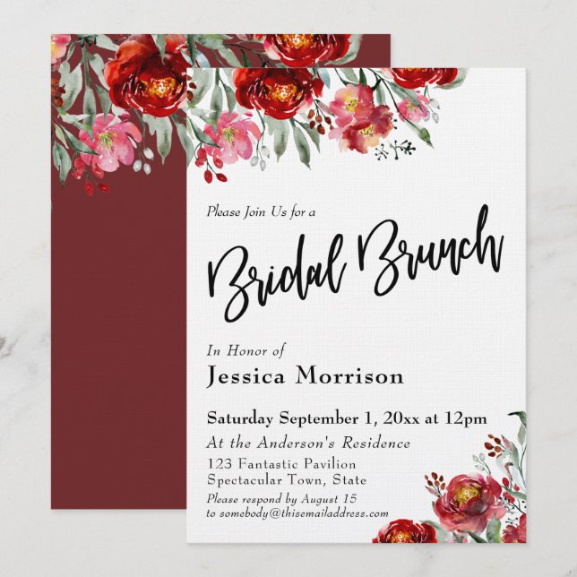Invitación Brunch Bridal manuscrito Flores rojas borgoñosas (Anverso / Reverso)