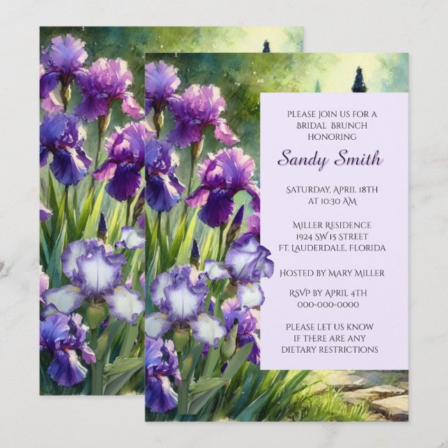 Invitación Brunch Bridal Purple Irises (Anverso / Reverso)
