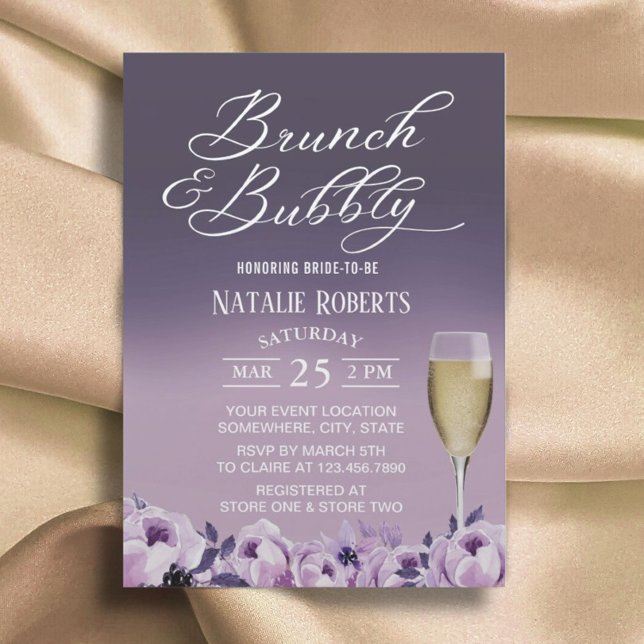 Invitación Brunch Bridal Shower Bubbly Elegent Purple Floral (Subido por el creador)