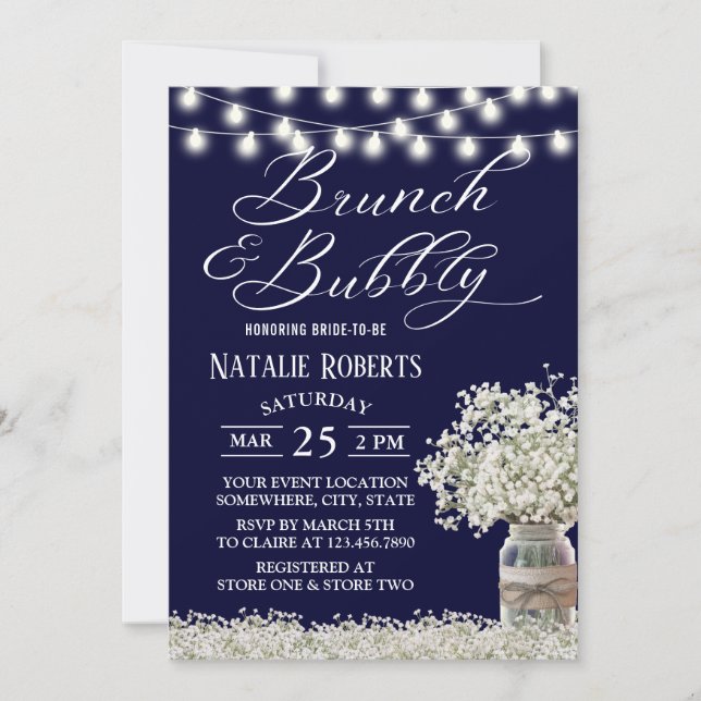 Invitación Brunch Bridal Shower Rustic Floral Jar Naval Azul (Anverso)