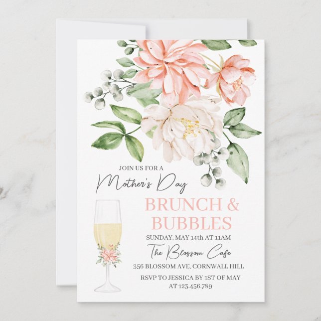 Invitación Brunch & Bubbles Floral del Día de la Madre (Anverso)