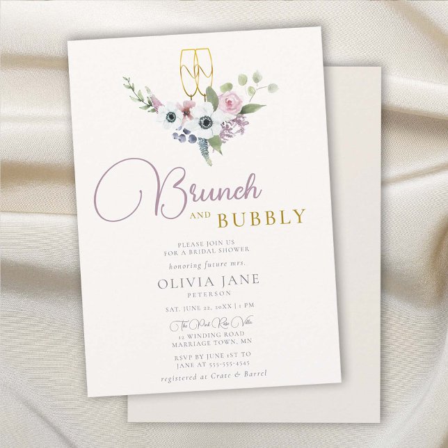 Invitación Brunch Bubbly Anemones Gold Boho Bridal Shower (brunch and bubbly bridal shower invitation floral anemones bouquet champagne flutes gold elegant )