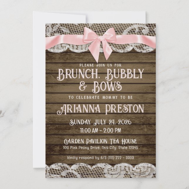 Invitación Brunch Bubbly Barn Wood and Bows Baby Shower (Anverso)