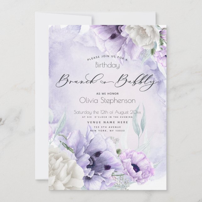 Invitación Brunch Bubbly Birday Watercolor Lilac Poppy (Anverso)