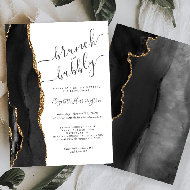 Invitación Brunch & Bubbly Black Gold Agate Bridal Shower (Subido por el creador)