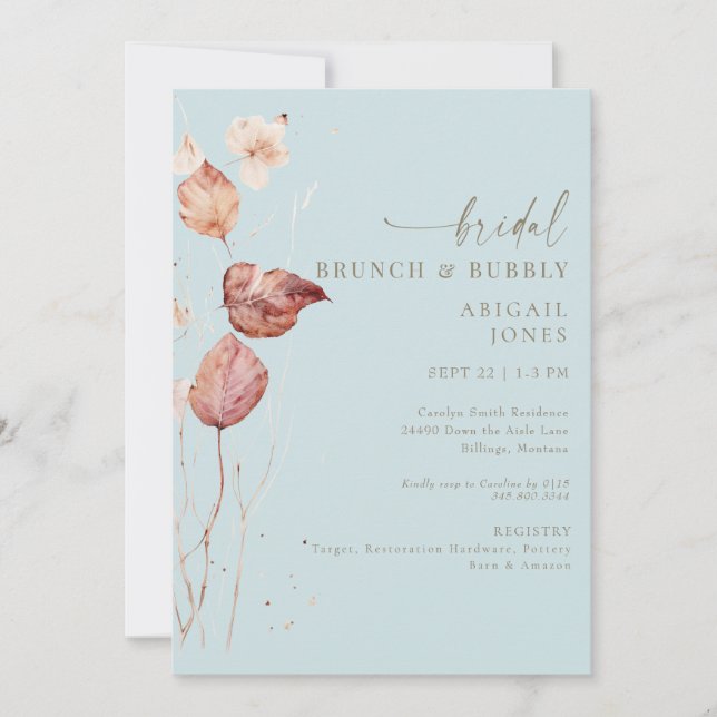 Invitación Brunch & Bubbly Blue Bridal de otoño (Anverso)