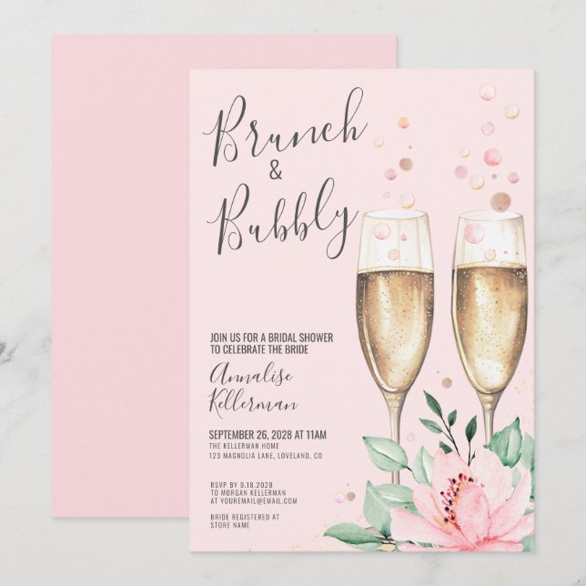 Invitación Brunch Bubbly Blush Pink Floral Bridal Shower (Anverso / Reverso)