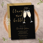 Invitación Brunch Bubbly Bridal Shower Black And Gold<br><div class="desc">Elegante brunch y burbujeante invitación a la ducha de novias con gafas de champán y nombre de guión distintivo,  esta elegante invitación puede ser personalizada con su información en letras de oro de moda en un fondo negro. Diseñado por Thisisnotme©</div>